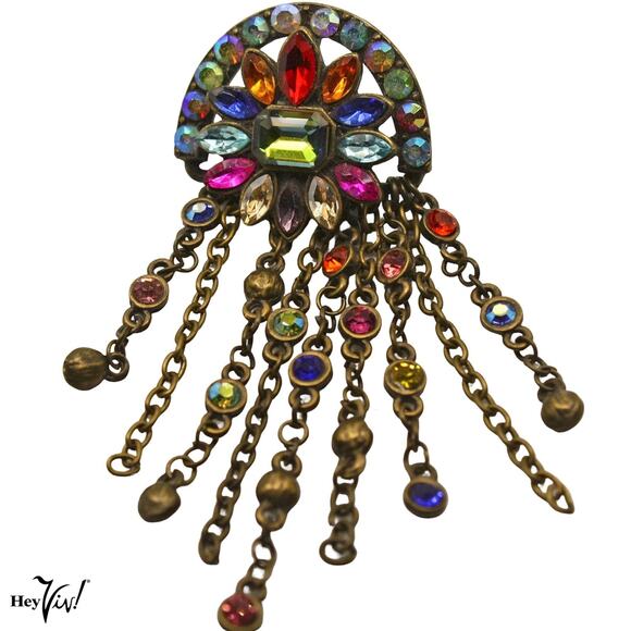 Vintage Jewelry - Vintage Multicolor Rhinestone Fringe Brooch Pin Dangle Chains 2.5" - Hey Viv